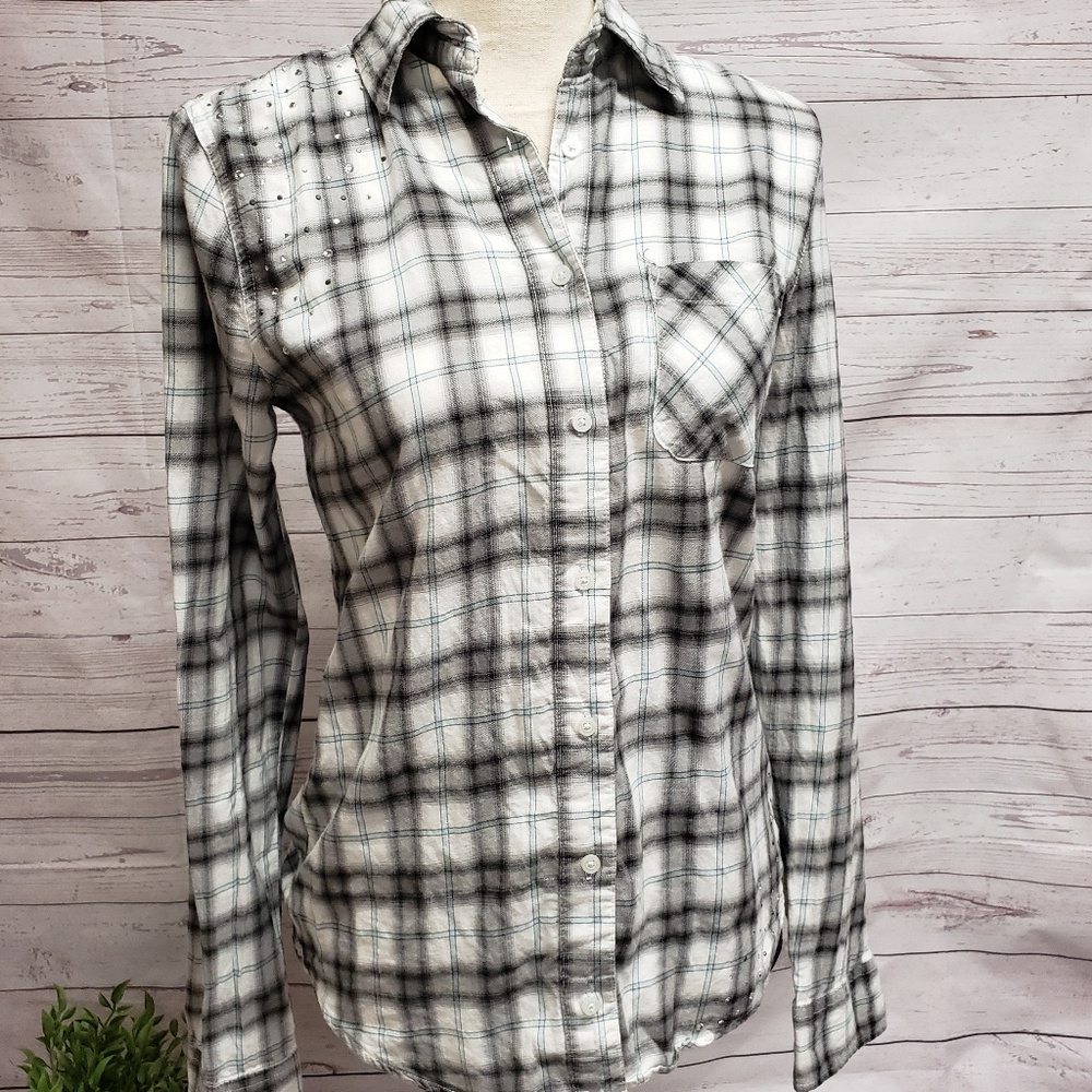 PINK Bling Button Plaid Top G